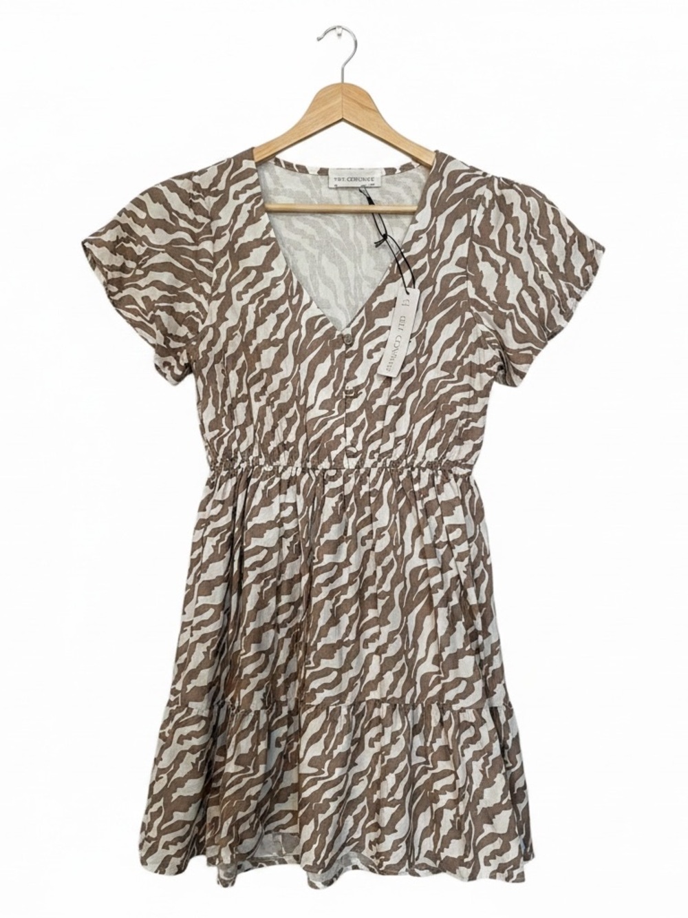 self contrast brown & white zebra print button front mini dress